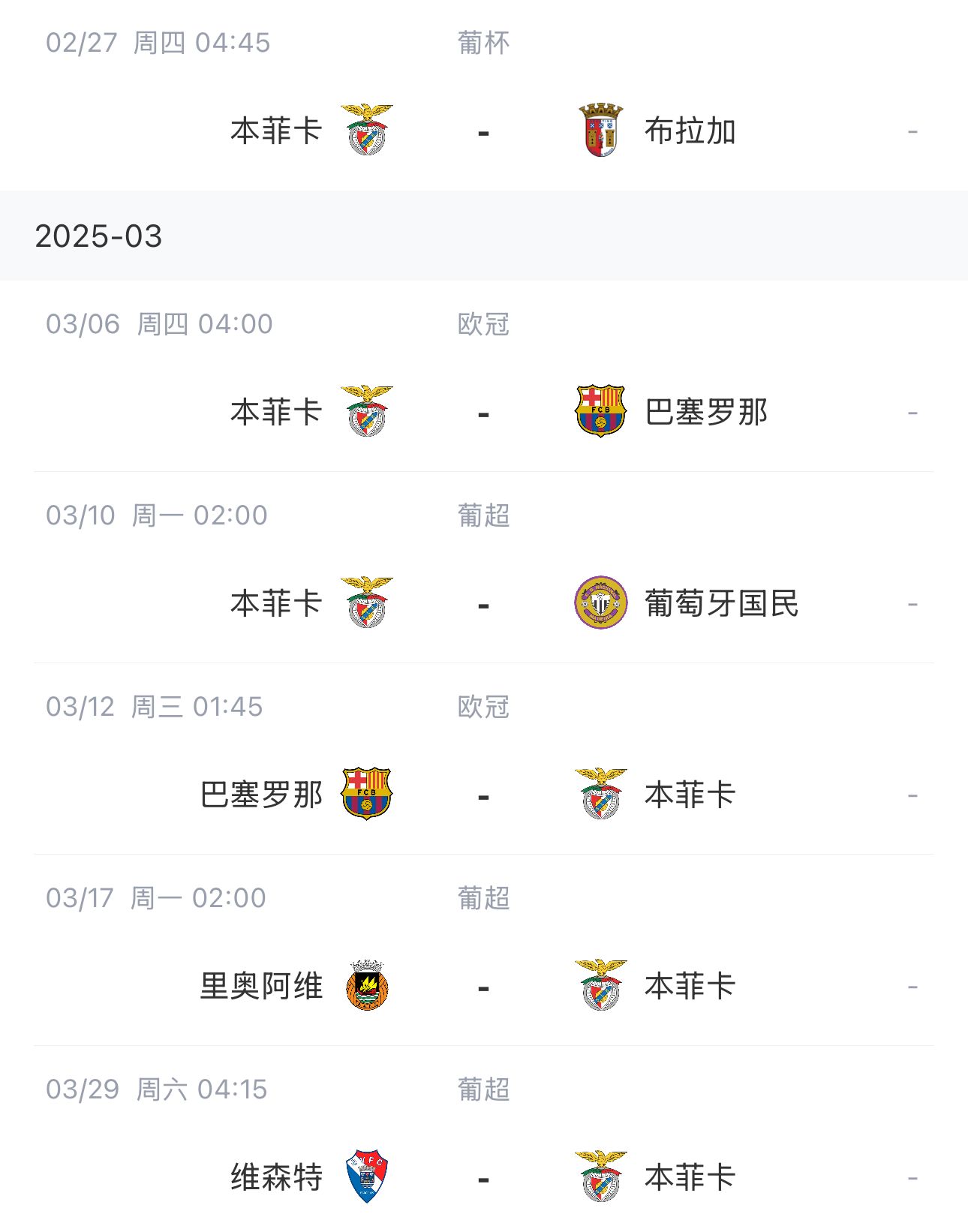  讓路歐冠！本菲卡戰(zhàn)巴薩首回合比賽前的葡超比賽推遲進(jìn)行