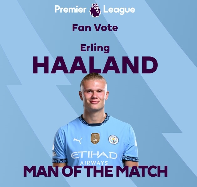  打進(jìn)致勝球！英超官方：哈蘭德當(dāng)選曼城1-0熱刺全場最佳球員