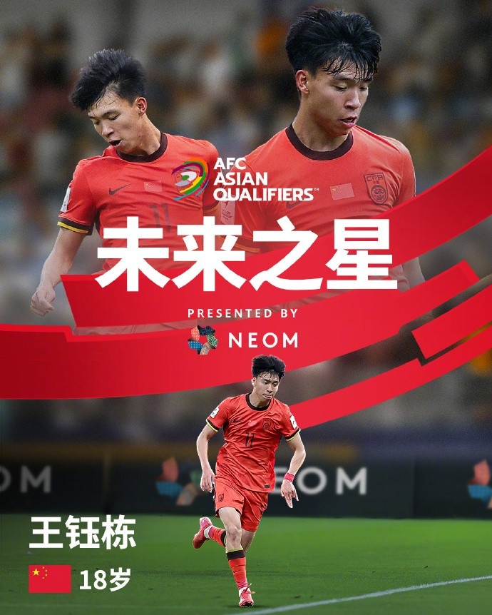  亞洲杯官方社媒發(fā)布王鈺棟個人海報：青年軍的旗幟，飄揚在前哨